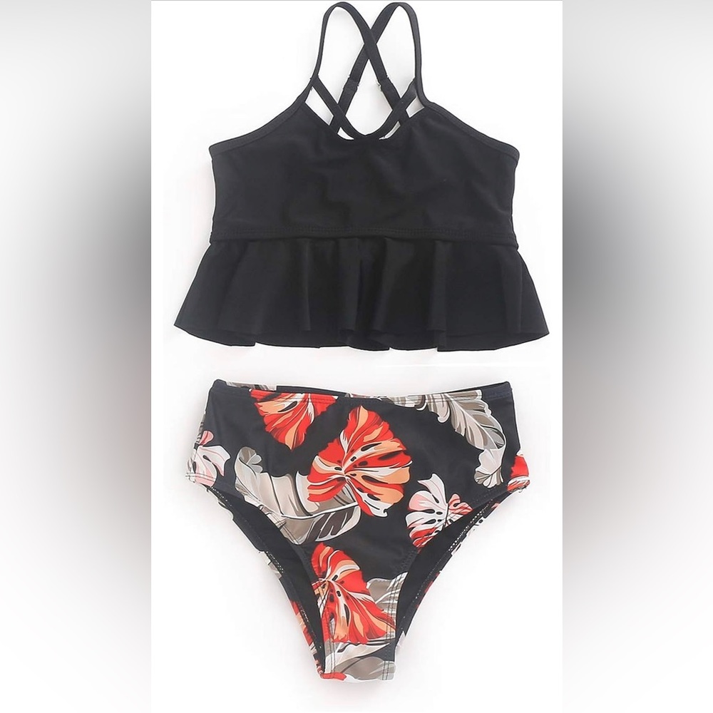 New Girls Swimsuit Falbala High Waisted Bathing Suit Halter Neck Bikini Swimwear